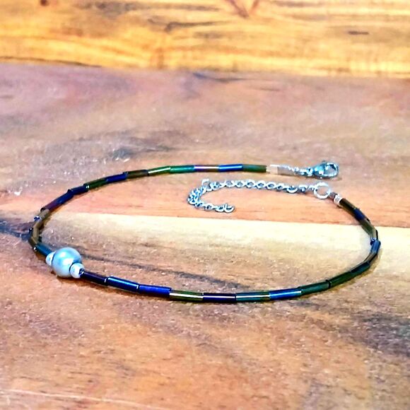 Minimalist Adjustable Beaded Anklet, Rainbow Iridescent Dainty Seed Bead - Picture 4 of 6